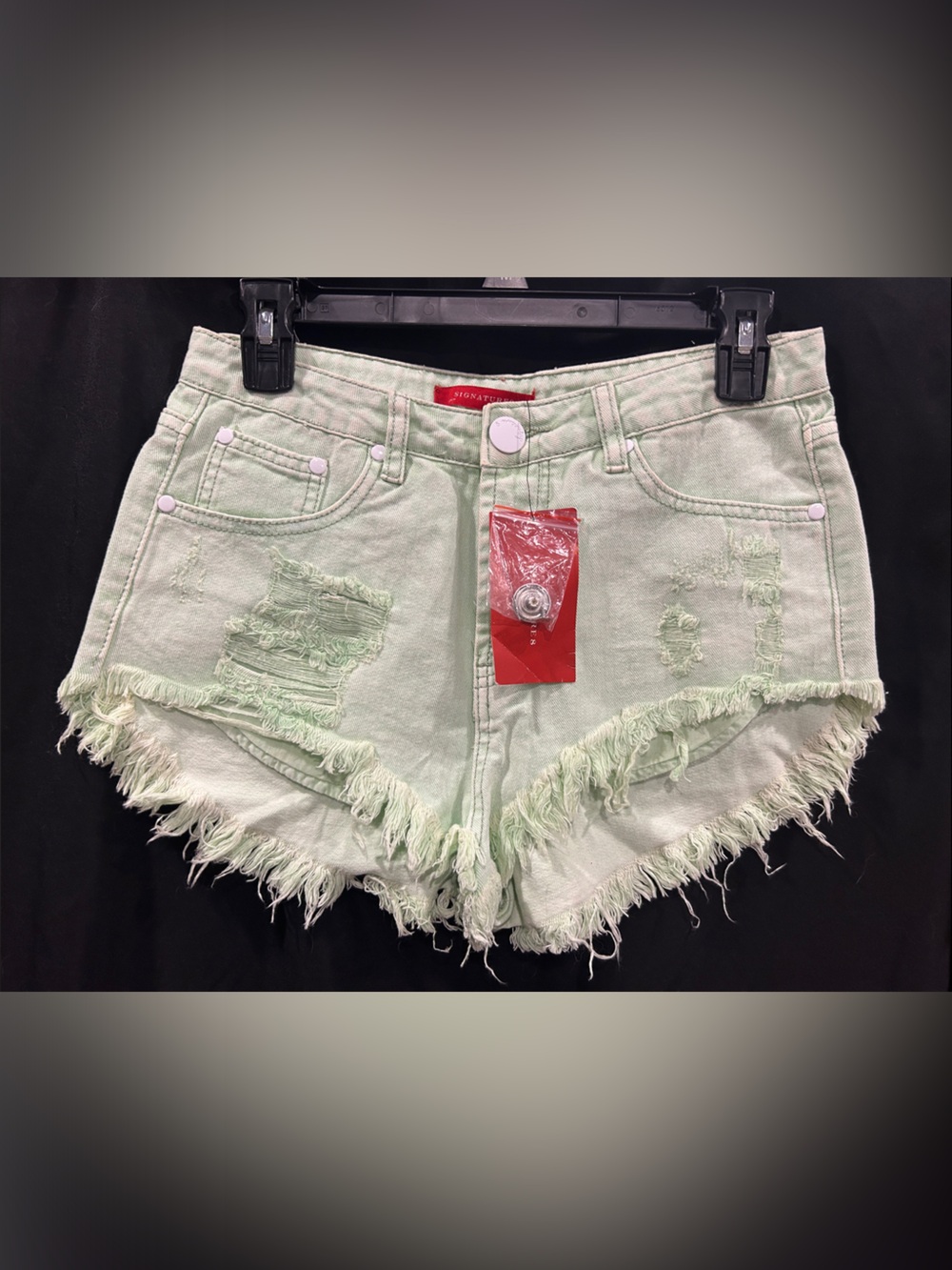 ◾️NEW! Signature Mint Distressed Fringe Denim Shorts